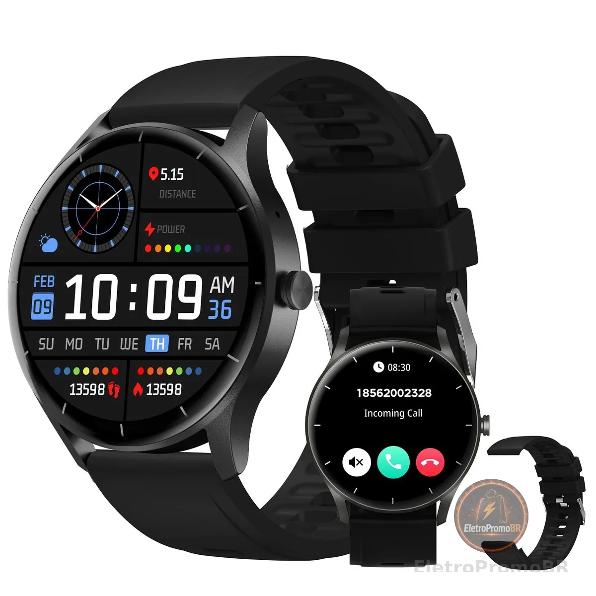 Smartwatch PEJE ZW02 com Chamadas, Pulseira Extra e 123+ Modos Esportivos