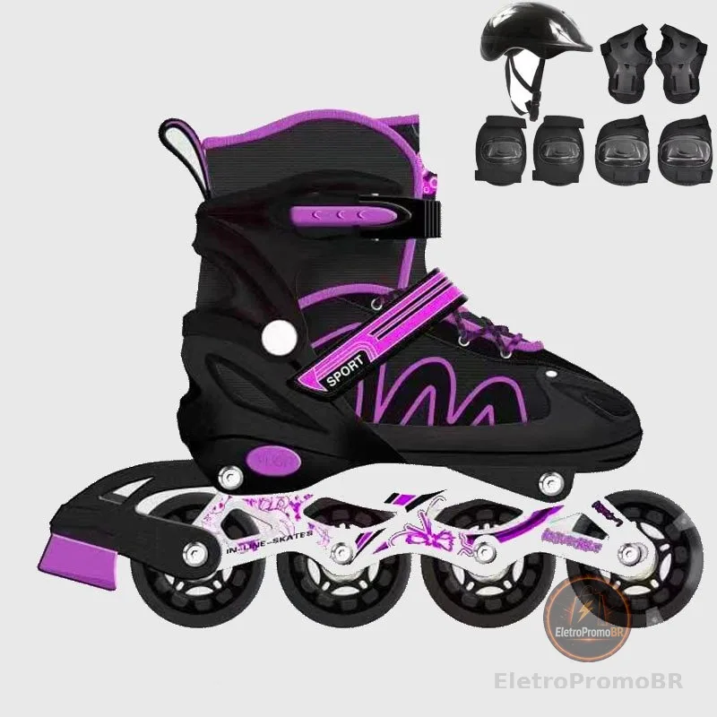 Patins Inline Infantil Ajustável Preto com Roxo Meninos Meninas