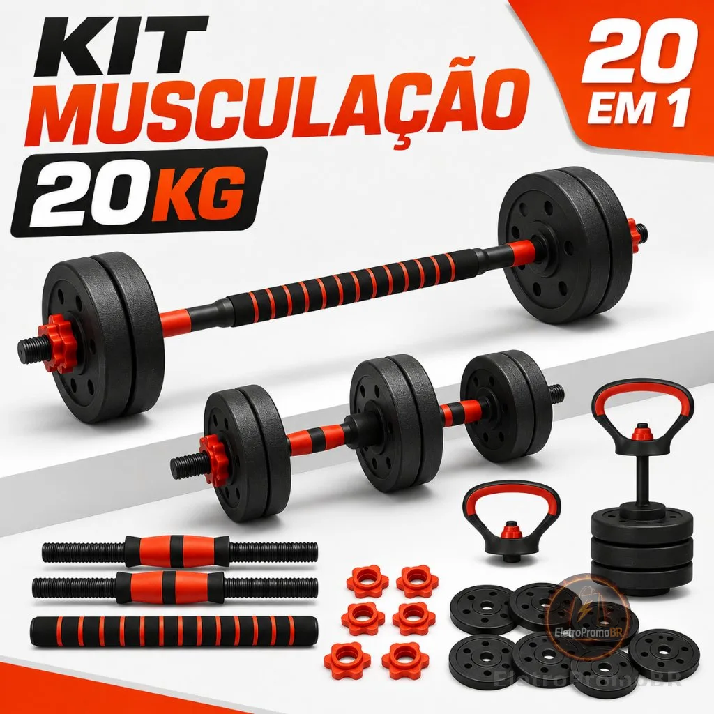 Kit Treino Funcional Musculação 20kg Kettlebell Barra Halteres Anilhas Supino Peso Ajustável