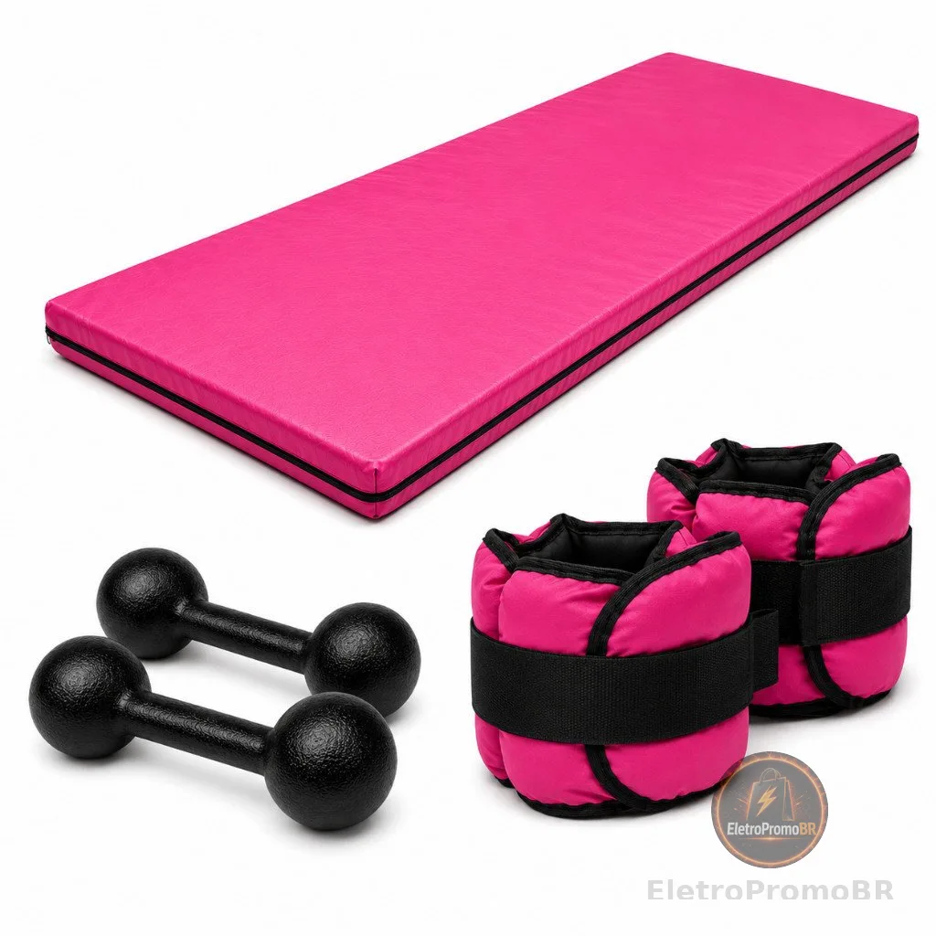 KIT FITNESS COMPLETO COLCHONETE ROSA + PAR 1KG HALTER BOLA + PAR 1KG CANELEIRA ROSA | TREINO EM CASA OU ACADEMIA TL
