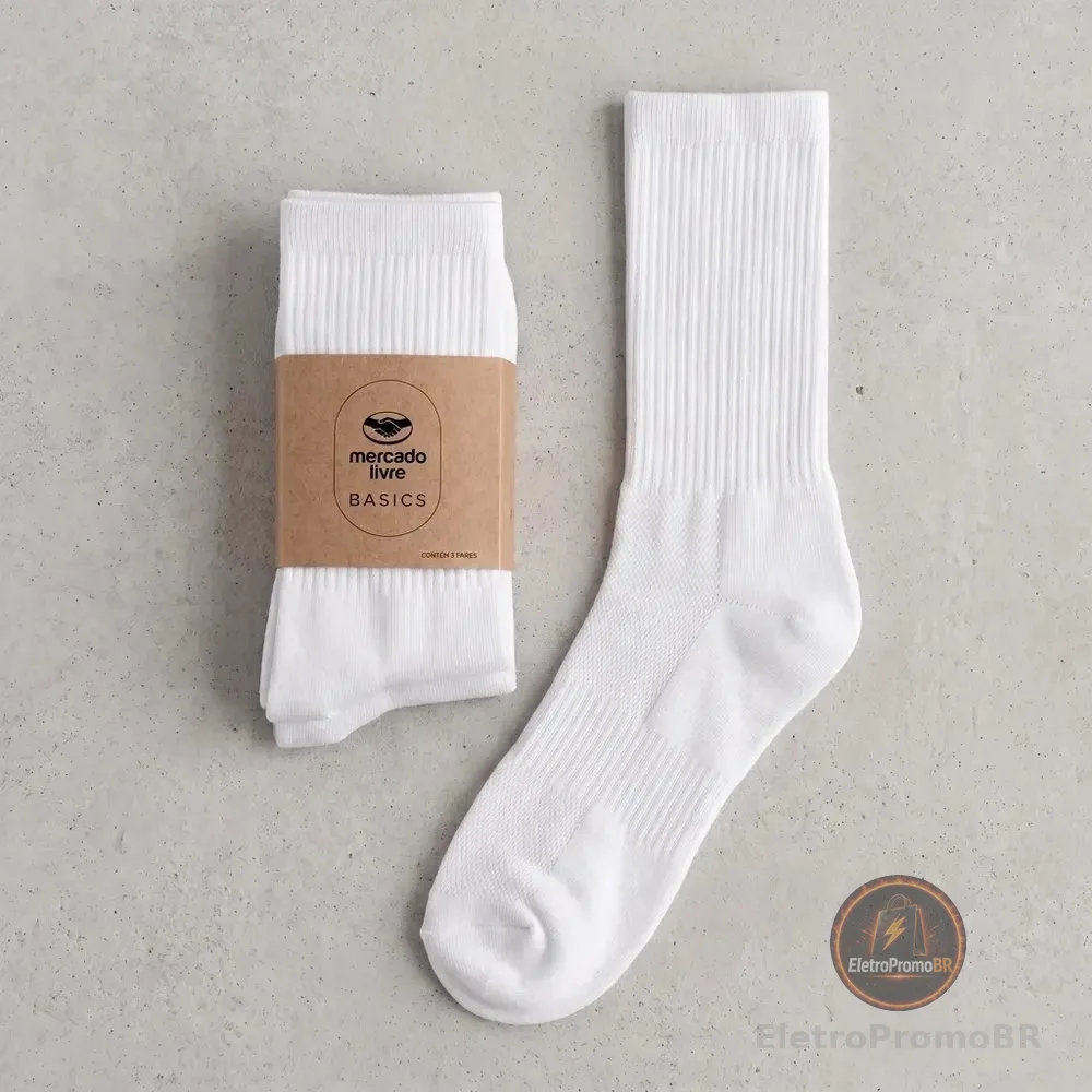 Kit 3 Meias Cano Alto Canelada - Mercado Livre Basics Branco Liso 39-43