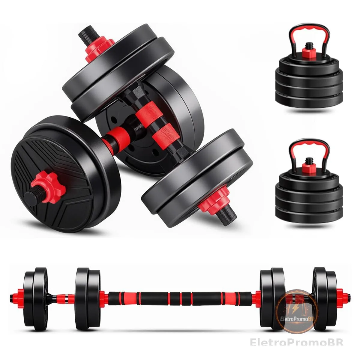 Kit Haltere 6 em 1 Ajustável para Musculação - Preto - Multifuncional com Barra e Kettlebell