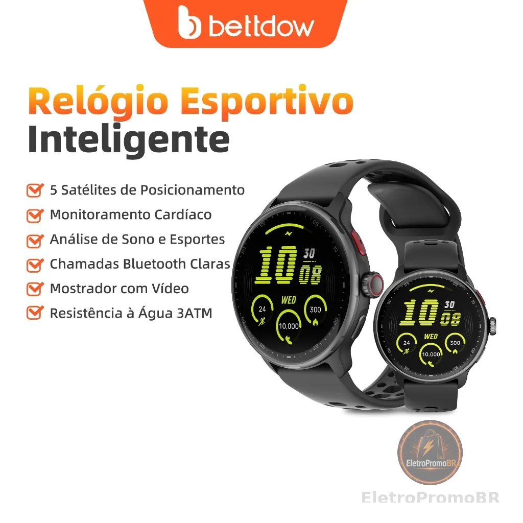Smartwatch GPS BETTDOW com aplicativo de IA integrado, 100 modos esportivos, resistência à água de 3 ATM e tela AMOLED
