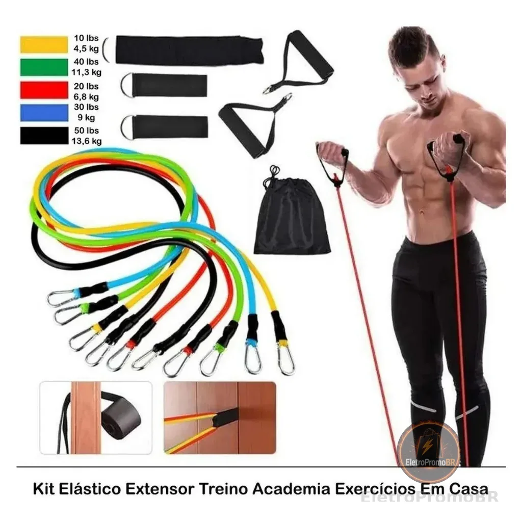 Kit 11 Elastico Extensor Treino Funcional Academia Em Casa Ginastica