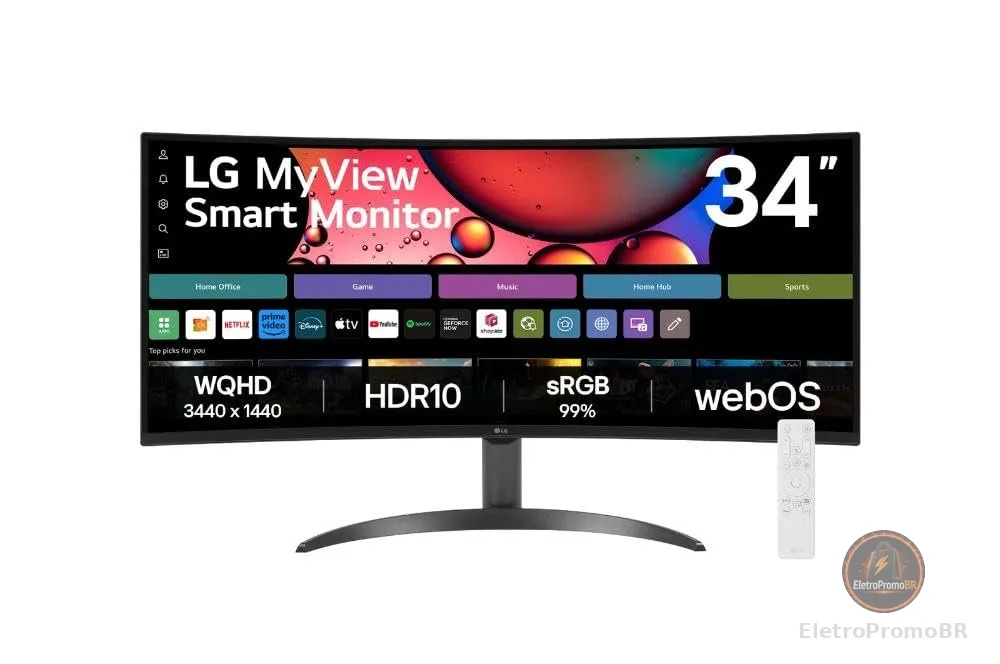 LG MyView Smart Monitor Curvo UltraWide 34" VA WQHD (3440x1440) webOS ThinQ Home AirPlay Screen Share Bluetooth Proporção 21:9, Preto - 34SR60QC