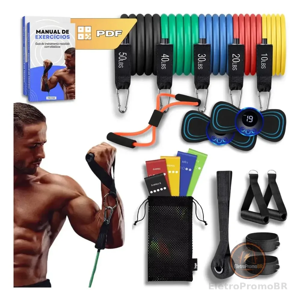 Kit 20 Itens Treino Em Casa Elástico Extensor Faixa Miniband Massageador Eletroestimulador Exercício Funcional Ginástica Acadedmia Fisioterapia Alegria Variado