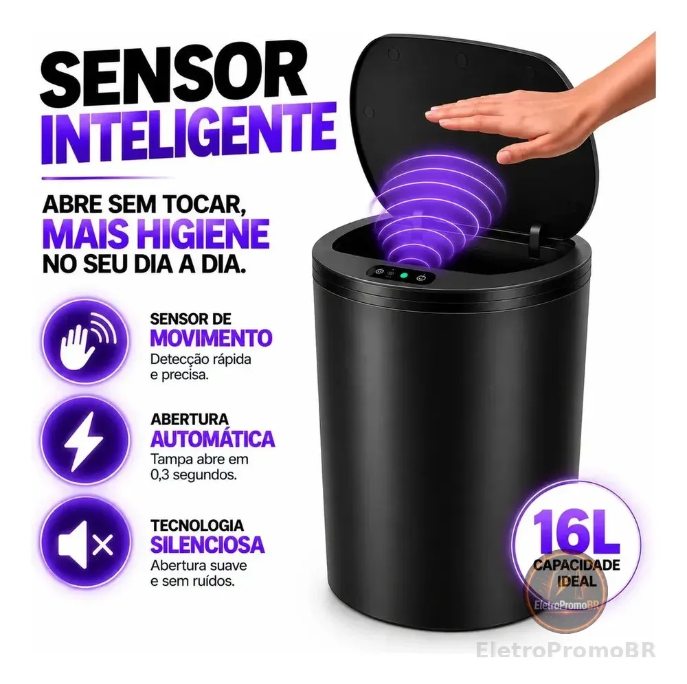 Lixeira Inteligente Automática Redonda Recarregável USB‐C Sensor para Cozinha Banheiro Escritório