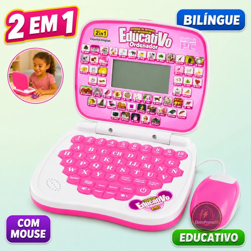 Laptop Infantil Bilíngue com Mouse Brinquedo Educativo 3 Anos Menina Rosa Mini