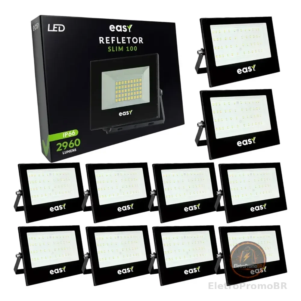 Kit 10 Refletor Led 100w Iluminação Externa Comercio Casa 110v/220v Preto Branco Frio 6500k