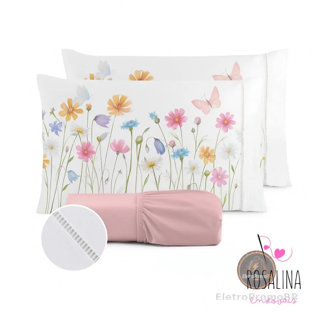 Kit Jogo de Cama Lençol Liso Fronha Estampada 400 Fios Micropercal Ponto Palito
