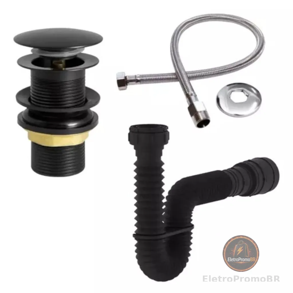Kit Válvula Click Preta Lavatório Cuba Sifão Sanfonado Universal Extensivo Preto Engate 40 cm inox Rabicho