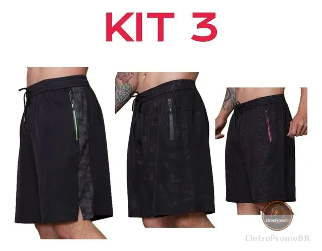 Kit 3 Tactel Shorts Lisas Praia Diversas Cores Luxo Bermuda