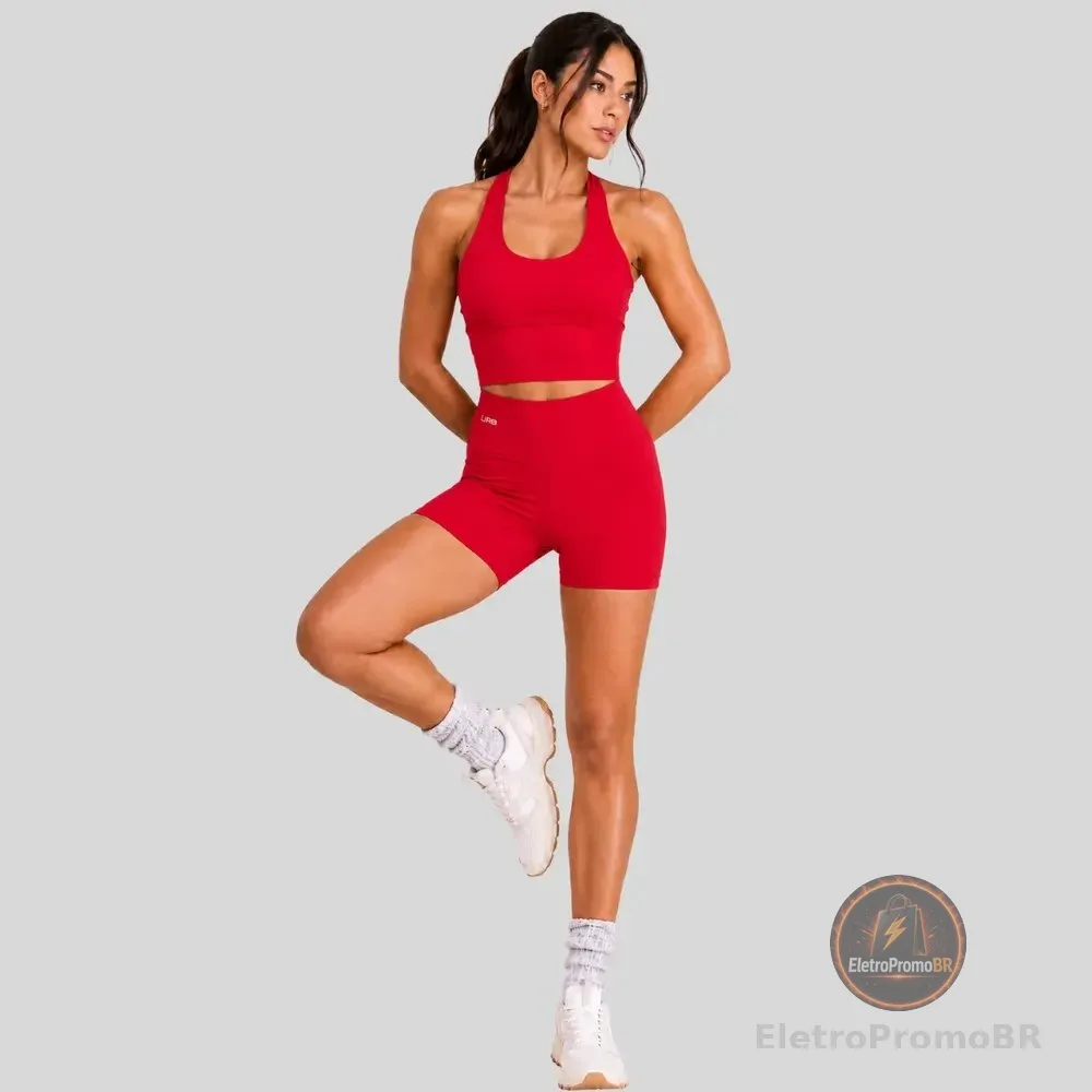 Conjunto Fitness Feminino Top Frente Unica E Bermuda Gringa Vermelho M