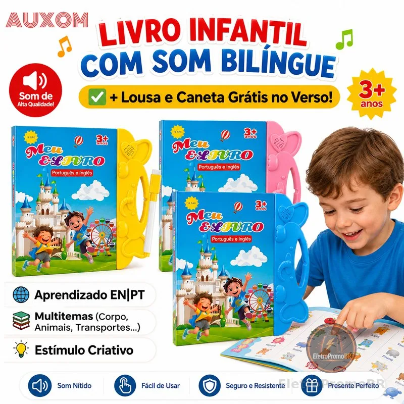 AUXOM Livro Interativo com Som Infantil Bilíngue Português Inglês Multi Temas Toque Educativo Aprendizagem