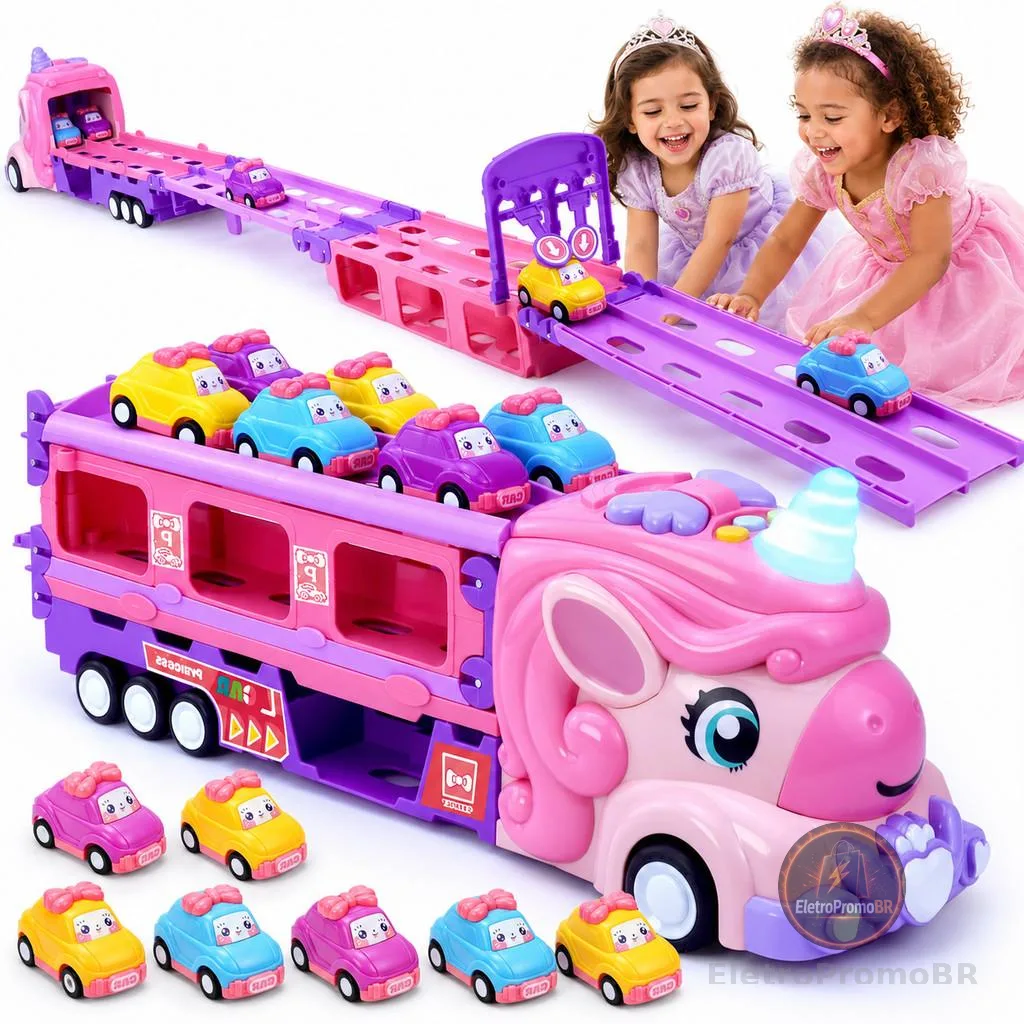 Caminhão Cegonha Unicórnio Com 6 Carrinhos Grande Com Pista Lançador Dobrável Luz E Som Rosa Kizumba