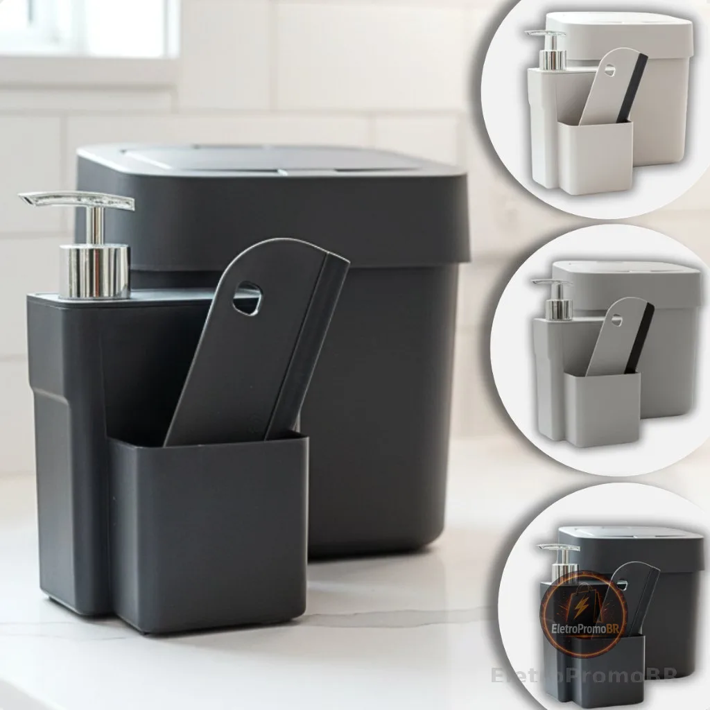 Kit Lixeira Pia De Cozinha 4 Litros E Dispenser Porta Deterente Sabão Bucha Luxo Pequena Kit Organizador Pia Lixeirinha