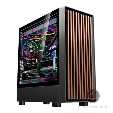 Gabinete Gamer Liketec Oak Wood, E-ATX, Painel Frontal com Detalhes em Madeira, Preto - LC-KB-WOD-2025-1003