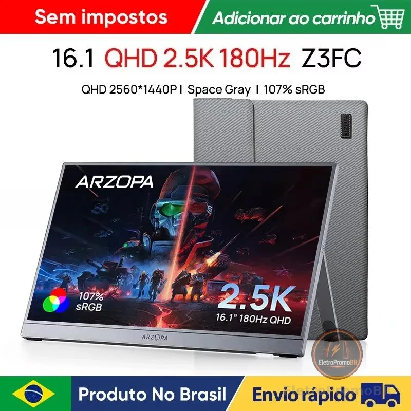 [NOVO] Monitor Portátil ARZOPA de 16,1 polegadas 180Hz 2.5K 107% SRGB Cinza Espacial com Bolsa de Armazenamento Z3FC para PS4/5 Steam Deck Switch PC Mac