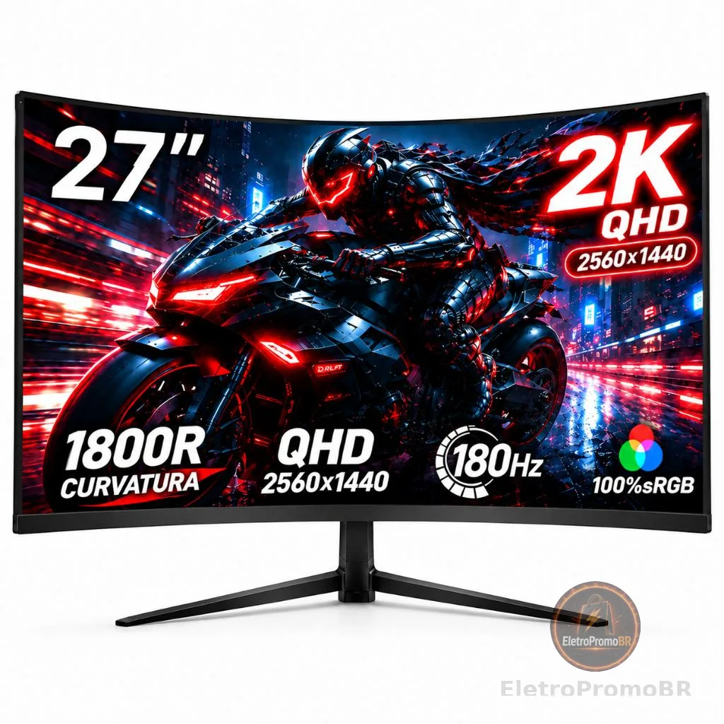 Monitor Curvo Gamer 27" IPS QHD 2k180Hz 1ms FreeSync, Tela Ultrafina, Conexões HDMI/DP e Fixação VESA para PC