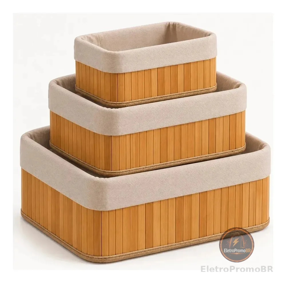 Kit 3 Cestos Organizadores De Bambu Retangulares Com Forro