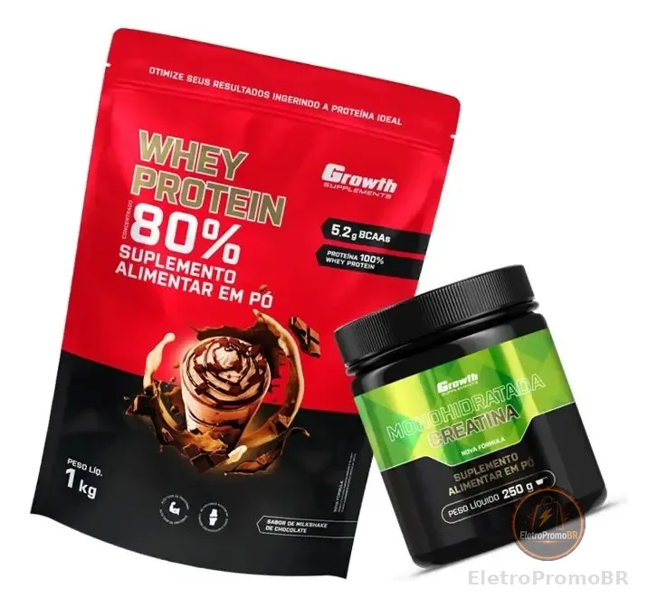 Kit Growth: Whey Protein Milkshake Chocolate 1kg + Creatina Monohidratada 250g Sem Sabor