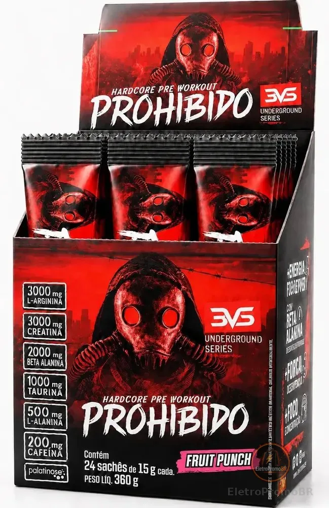 PRÉ TREINO PROHIBIDO 24 Sachês dose individual com 15g cada - Sabor: Fruit Punch - Fórmula Exclusiva com 11 ingredientes