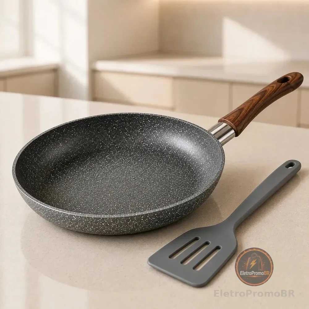 Frigideira Ceramica Antiaderente 24cm Inducao Cooktop Fogão a Gas Nao Gruda Sem oleo Cor Cinza Com espatula