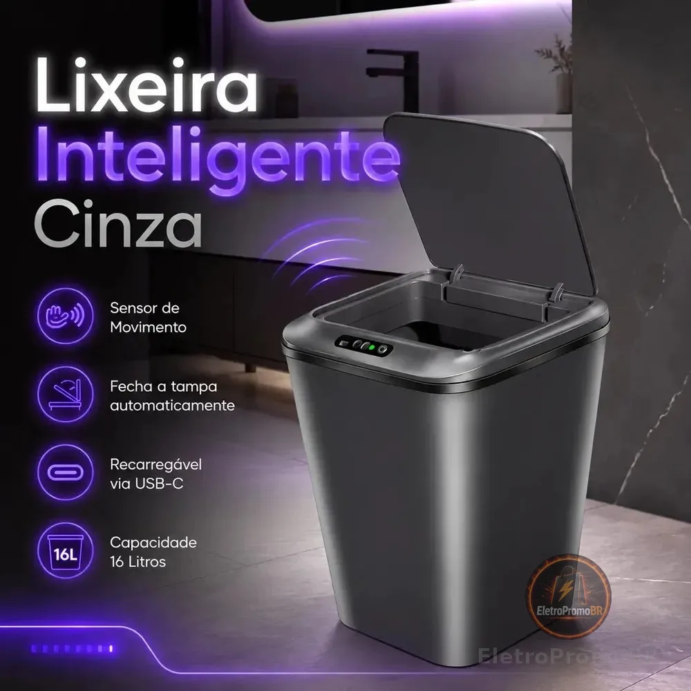 Lixeira Inteligente Sensor Automático 16l Cinza Smart Recarregável Para Banheiro E Cozinha