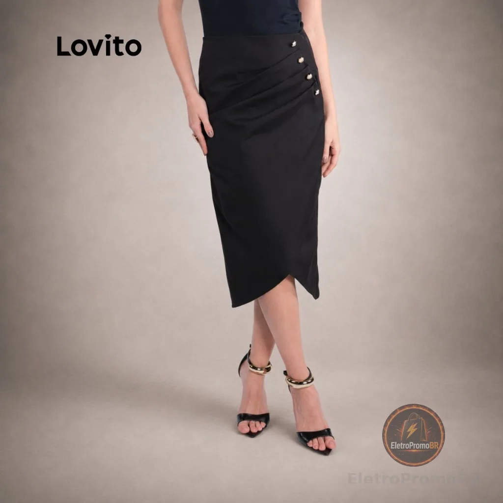 Lovito Saia Feminina Alfaiataria Midi Drapeada com Botões SKB21392169
