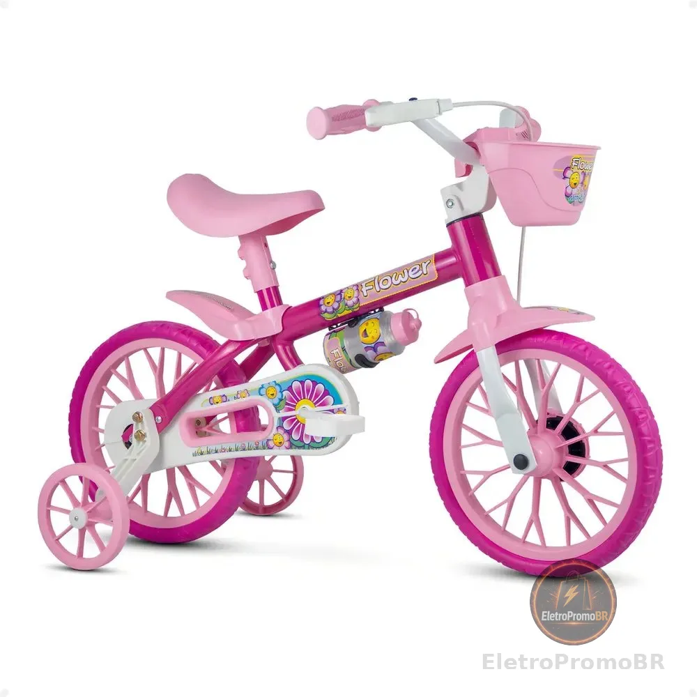 Bicicleta Infantil Aro 12 Menina Nathor Flower Rodinha Cesta 2 a 5 Anos
