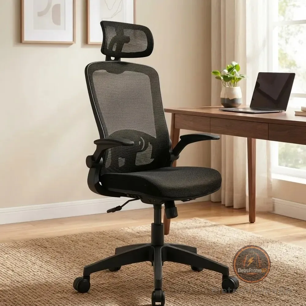Cadeira De Escritório Ergonômica Giratória Tela Mesh Preta Preto Espuma De Alta Densidade