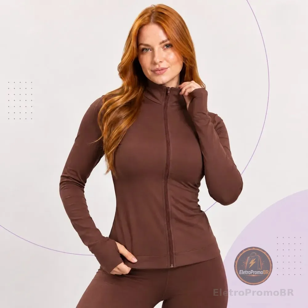 Jaqueta Feminina Fitness Zíper Gola Alta Com Dedeira Slim Marrom M Liso