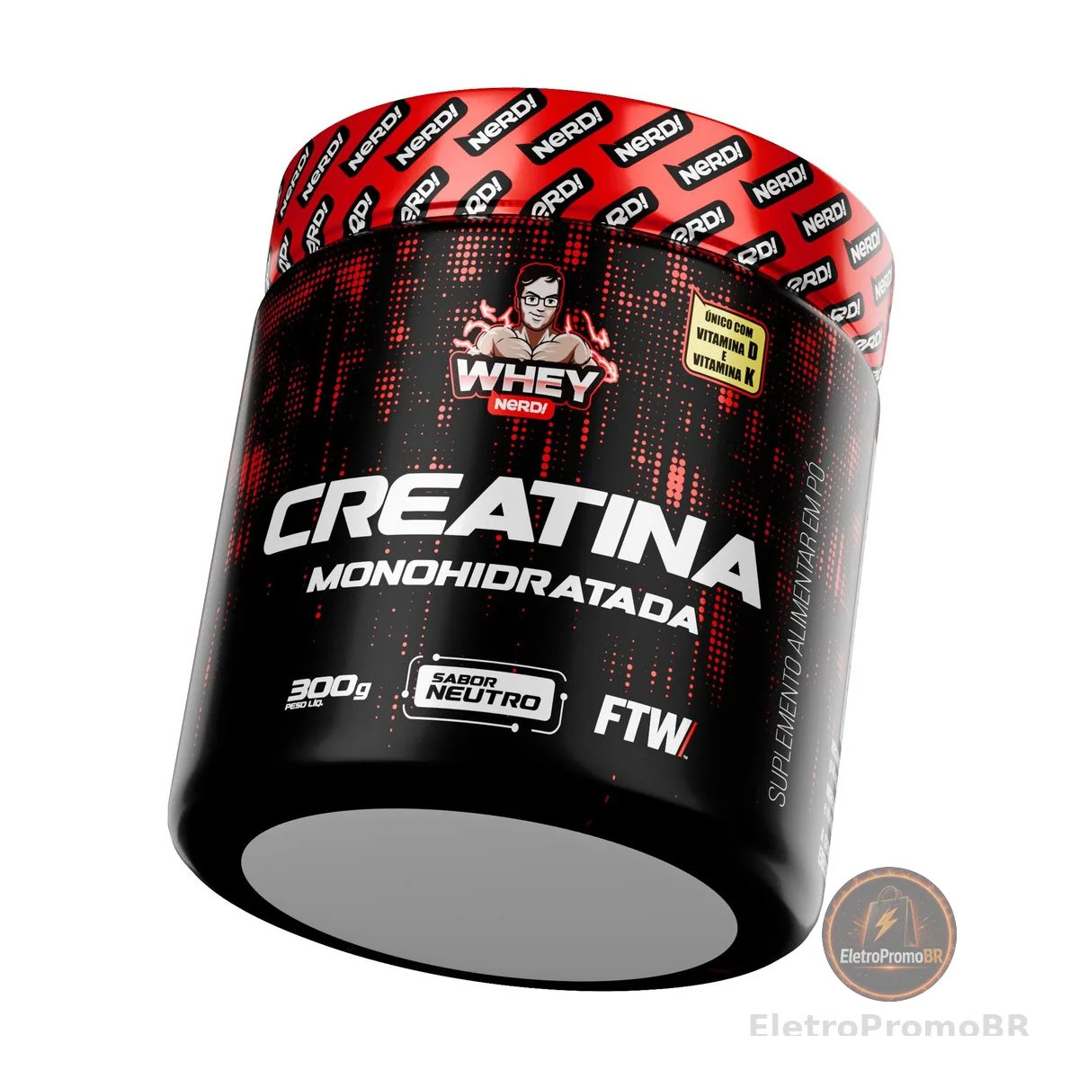 FTW Whey Nerd Creatina Monohidratada 100% Pura, Micronizada com Vitaminas D e K, Suplemento para Desempenho Físico – Pote 300g (Sabor Neutro)