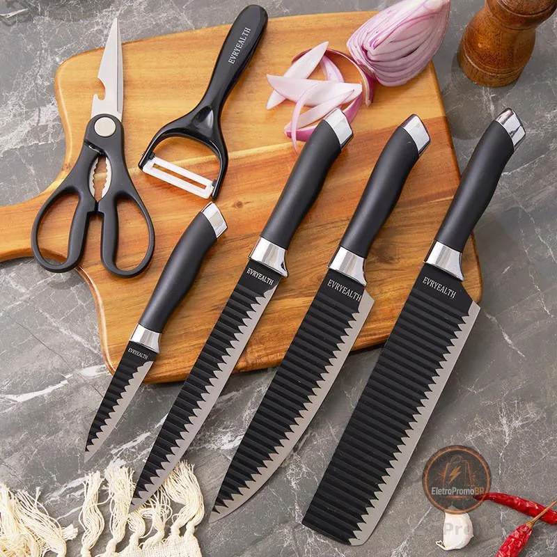 facas de cozinha/Churrasco Profissional  Antiaderente 6 Peças Preto/colorido
