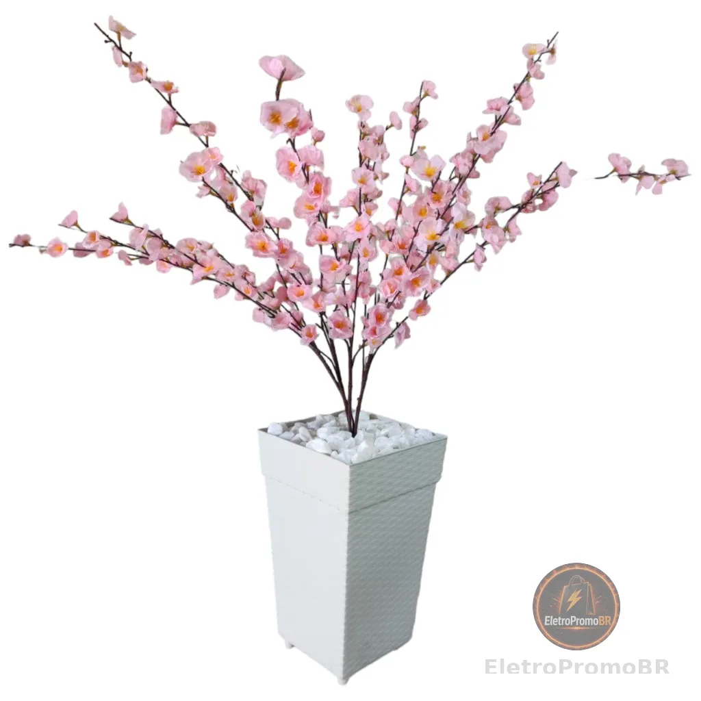 Planta Artificial Cerejeira Rosa Bebe Com Vaso De Rattan Decorativo