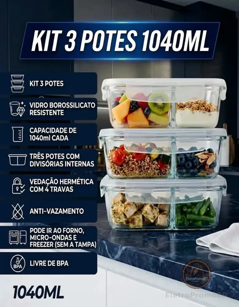Kit 3 Potes de Vidro 1040ml com Divisória e Tampa Hermética Borossilicato Pítia