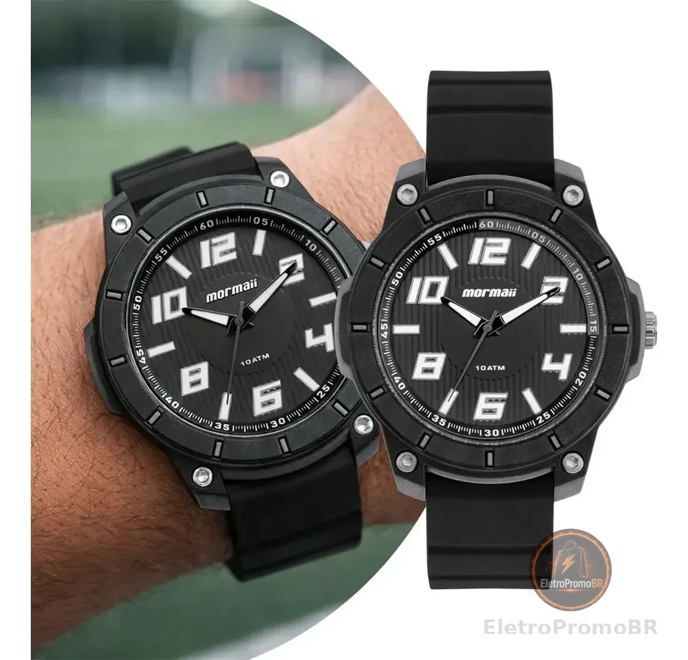 Relógio Analógico Mormaii Masculino Preto, com Pulseira de Silicone e Resistência à Água 100m