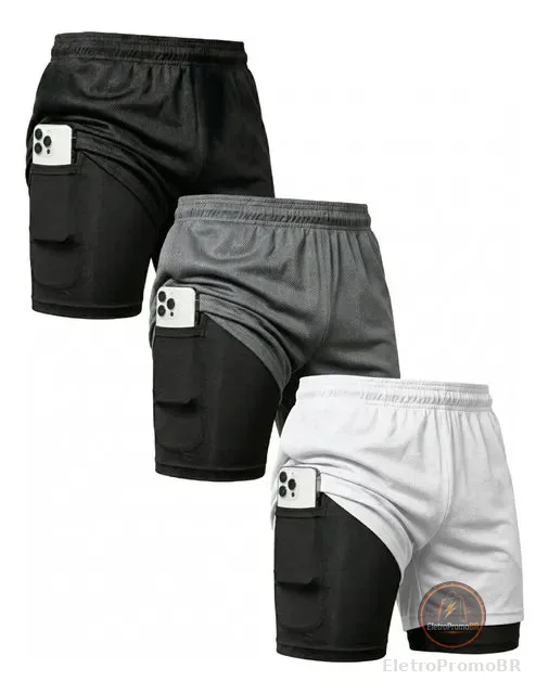Kit 3 Shorts 2 Em 1 Duplo Bolso Para Academia Treino Corrida