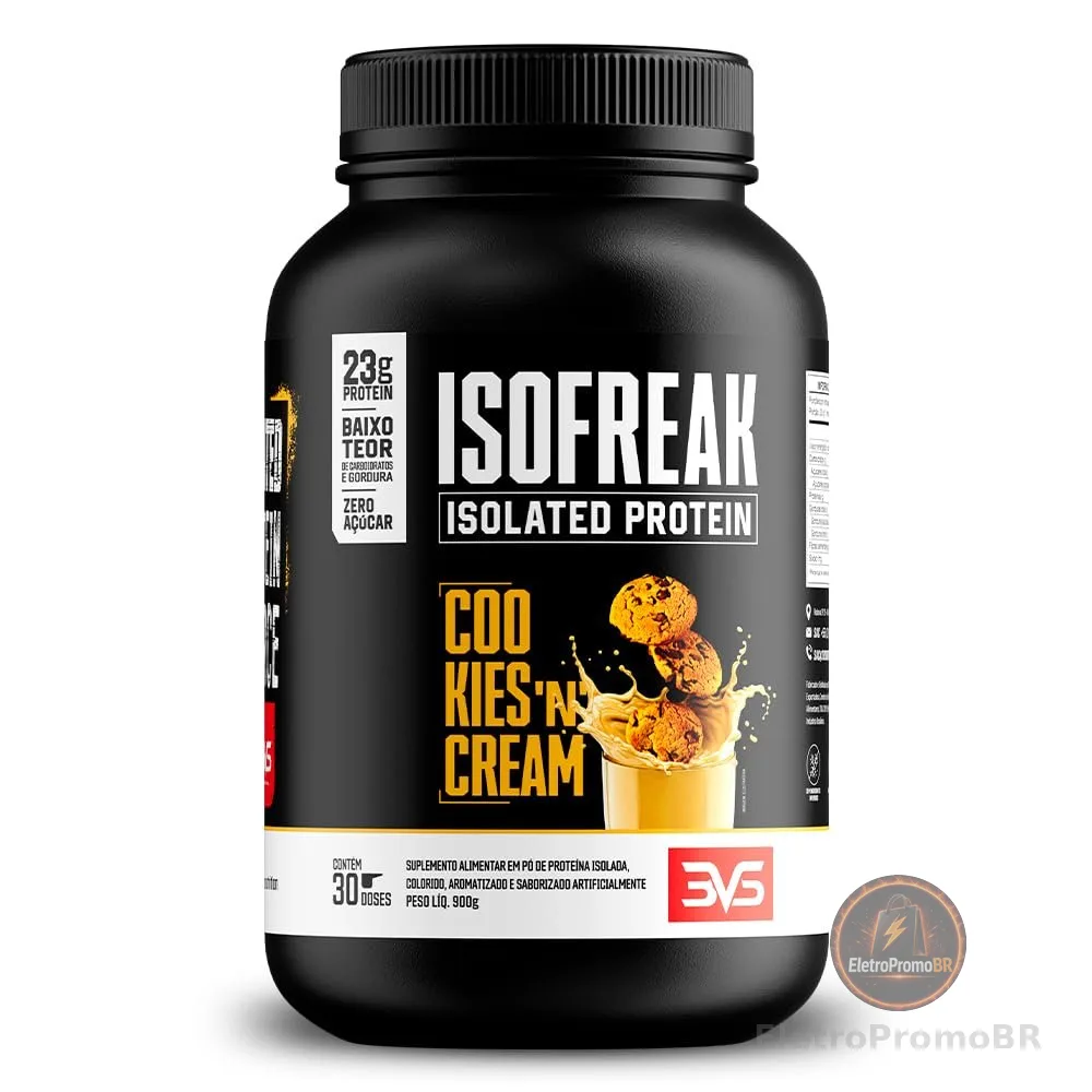 Isofreak Protein Isolada Cookies'n Cream 900g 3VS Nutrition · Whey Isolado + Proteína de Soja · 24g de Proteína por Porção · 30 doses