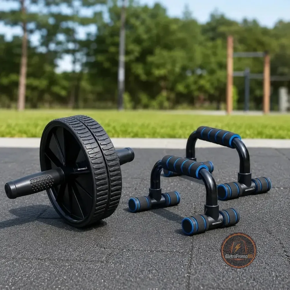 Kit Ginastica Rodinha Abdominal + Suporte Barra De Flexão Preto E Azul