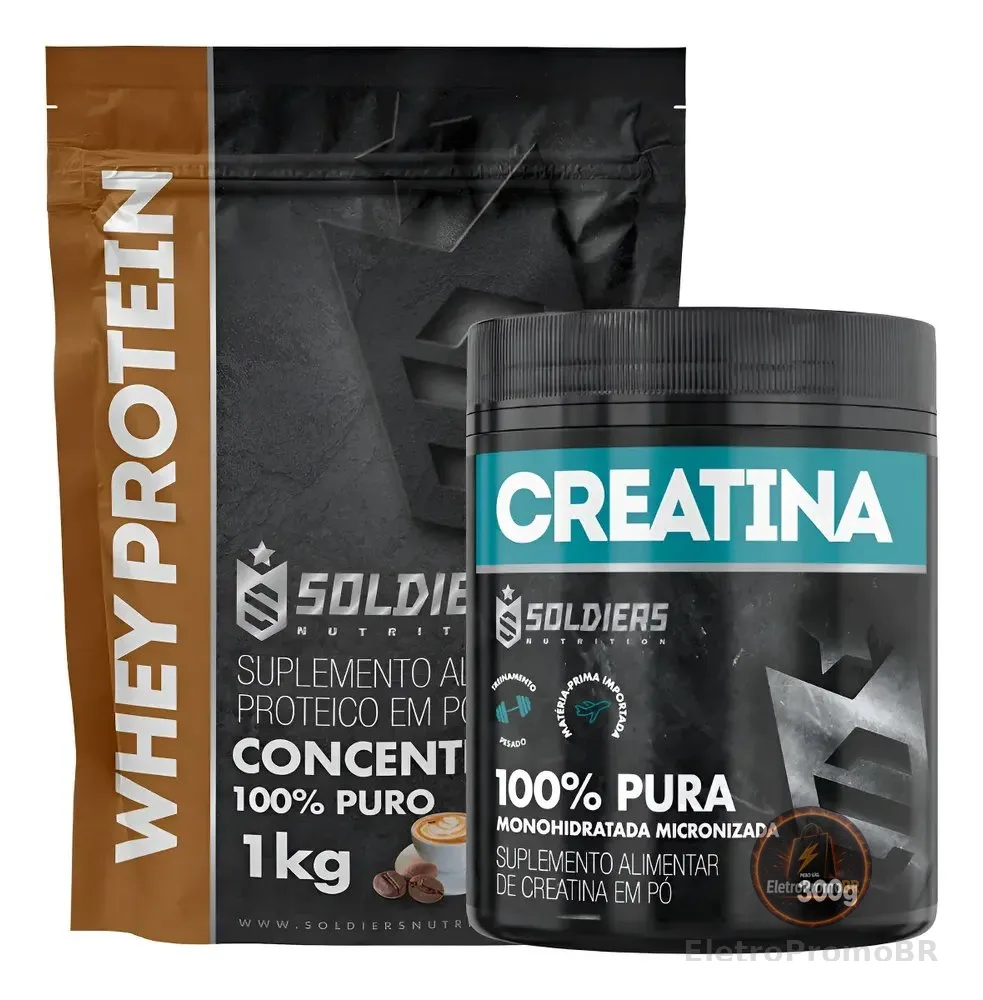Kit: Whey Protein Concentrado 1kg + Creatina Pote 300g Soldiers Nutrition Suplemento para Aumento de Resistência Treino
