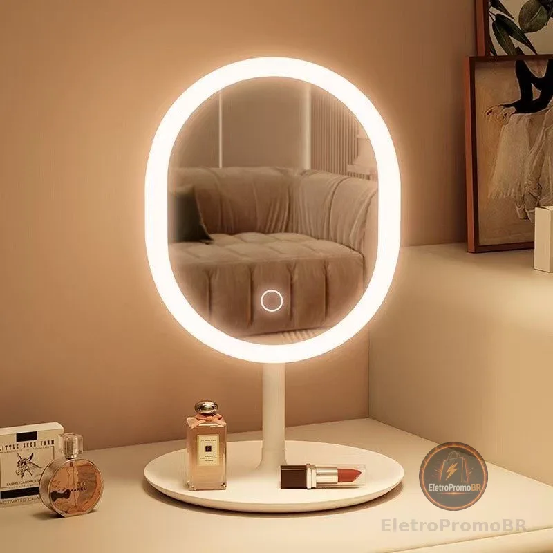 Espelho de Mesa com Luz LED 3 Cores Touch USB Recarregável Presente Perfeito Feminino