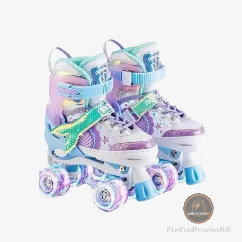 Patins roller 4 Rodas ARCO ÍRIS Com Luz De LED E Glitter Modelo Premium