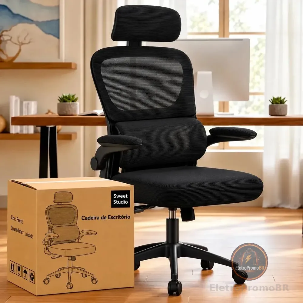 Cadeira de Escritório Sweet Studio Ergonômica Preta, com Apoio de Cabeça e Suporte Lombar