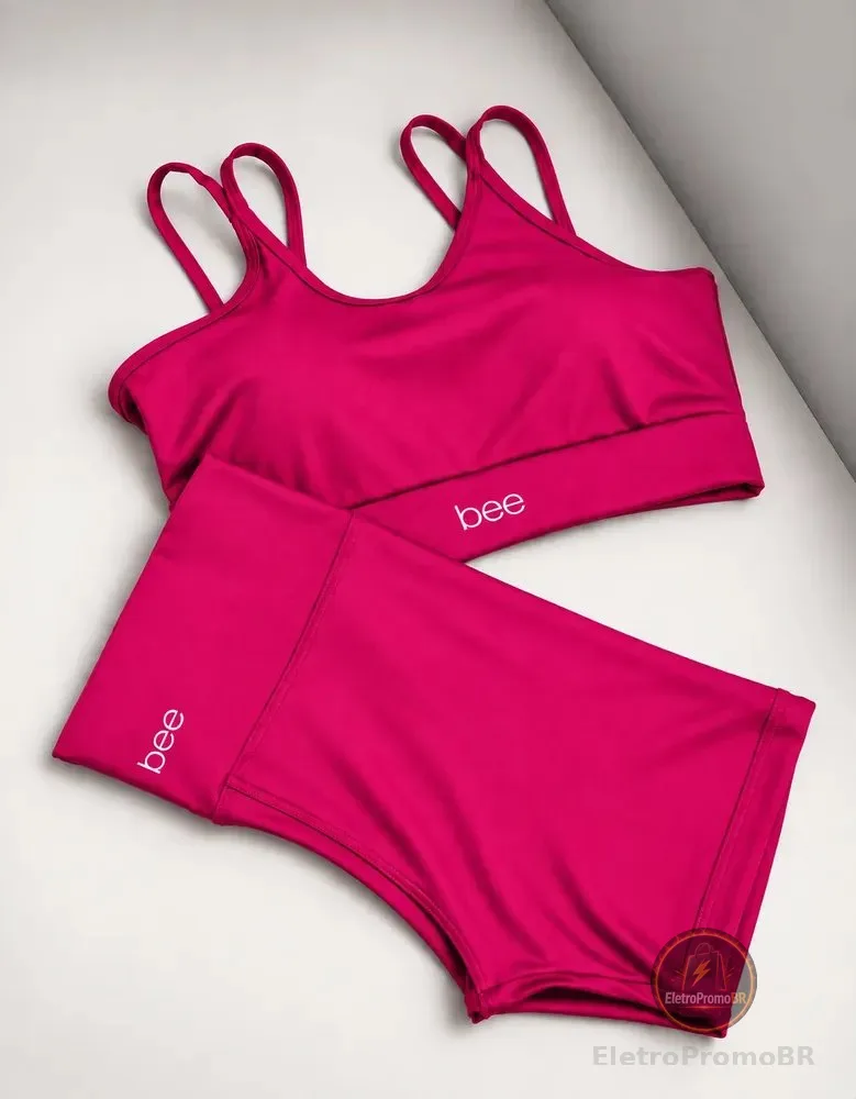 Conjunto Fitness Bee Top Cropped E Short Premium Feminino Fúcsia Liso P