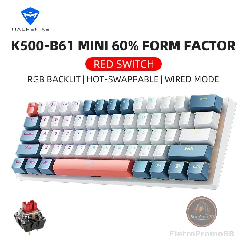 K500-B61achenike Mini Keybaord Mecânico 60% Fator de Forma 61 Teclas Gaming Keybaord Com Fio Chave Completa Hot-Swappable RGB Backlit