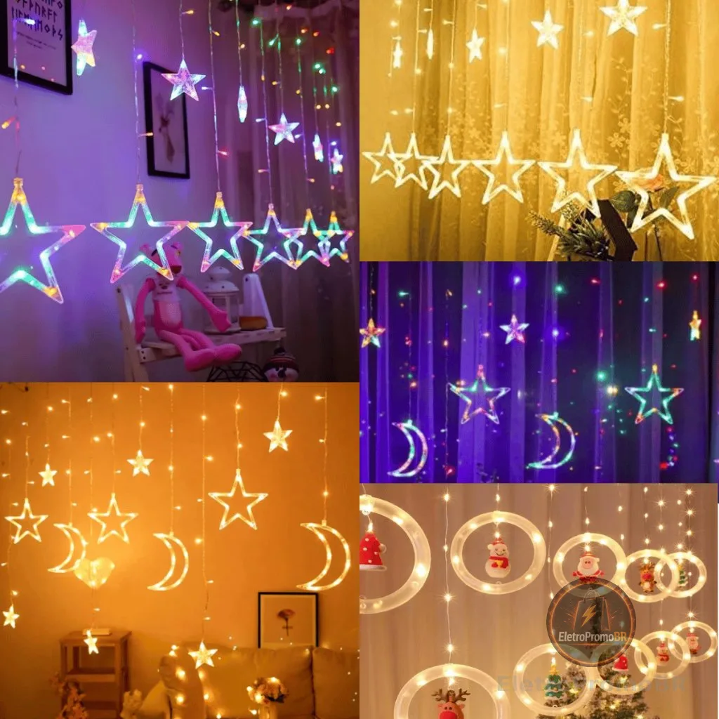 Cascata Led Pisca Pisca Cortina Luz RGB Amarela Decoração Natal Estrela Lua Papai Noel Neve Sacada