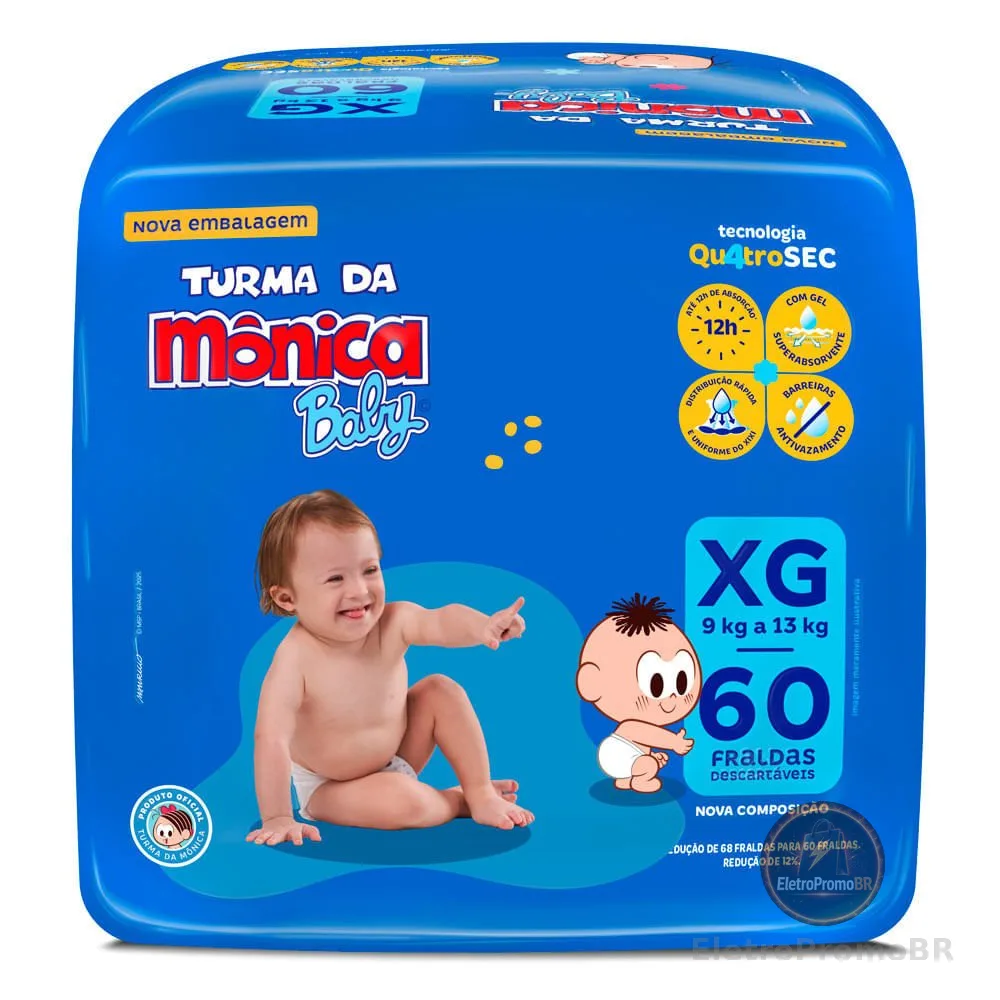 Fralda Turma da Mônica Baby Qu4troSEC Tamanho XG 60 Unidades Descartáveis