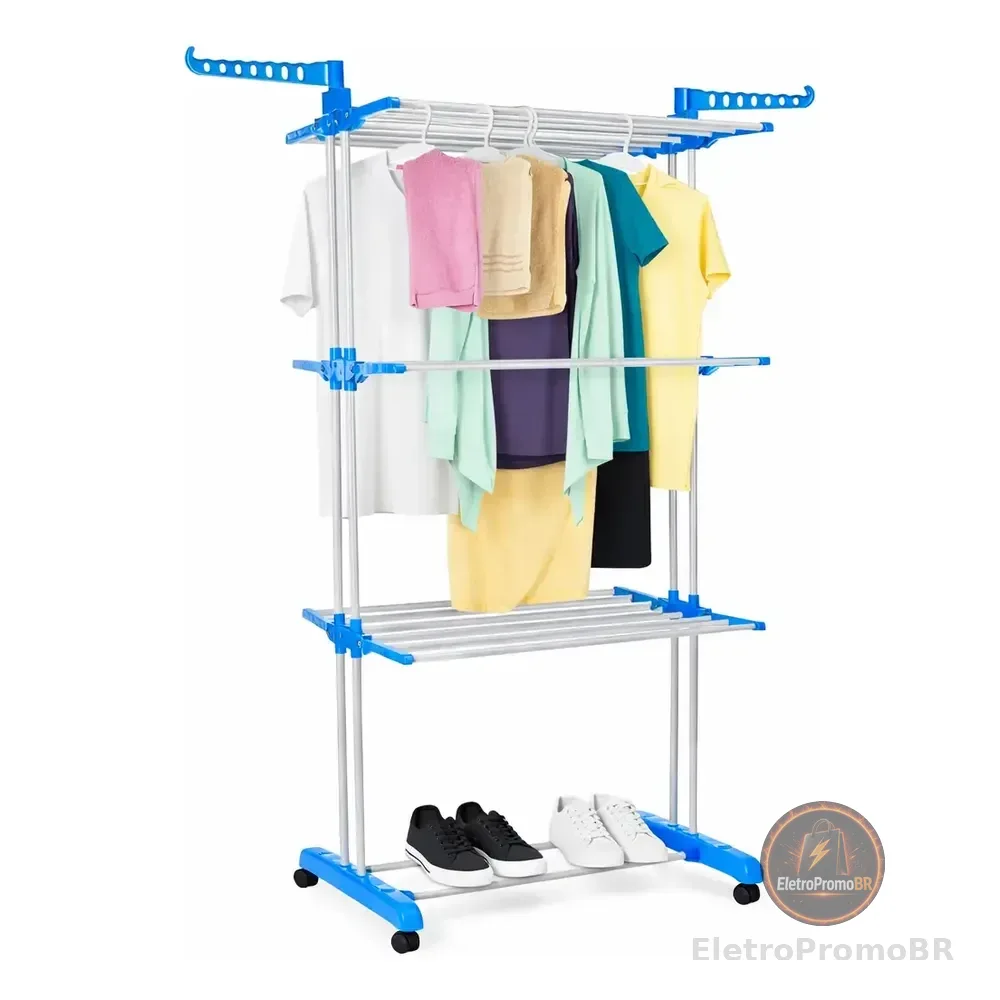 Varal De Apartamento Chão Aço Inox Resistente 3 Andares 2 Hastes Com 4 Rodas Dobrável Retrátil Multiuso Grande Super... Azul-claro