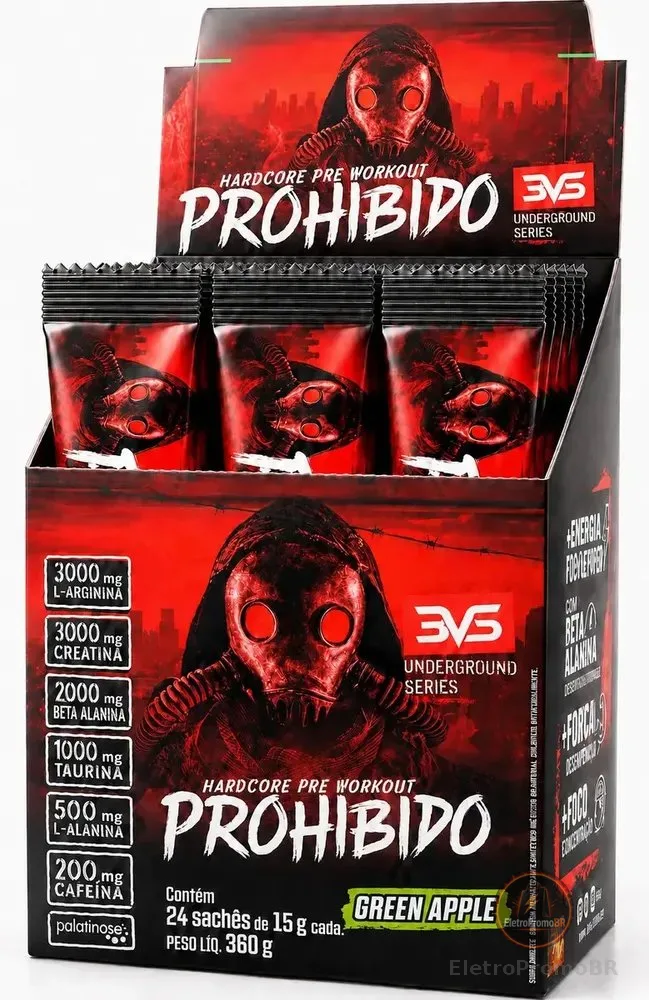 PRÉ TREINO PROHIBIDO 24 Sachês dose individual com 15g cada - Sabor: Green Apple - Fórmula Exclusiva com 11 ingredientes